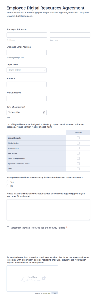 Employee Digital Resources Agreement Form Template