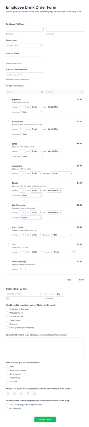 Employee Drink Order Form Template