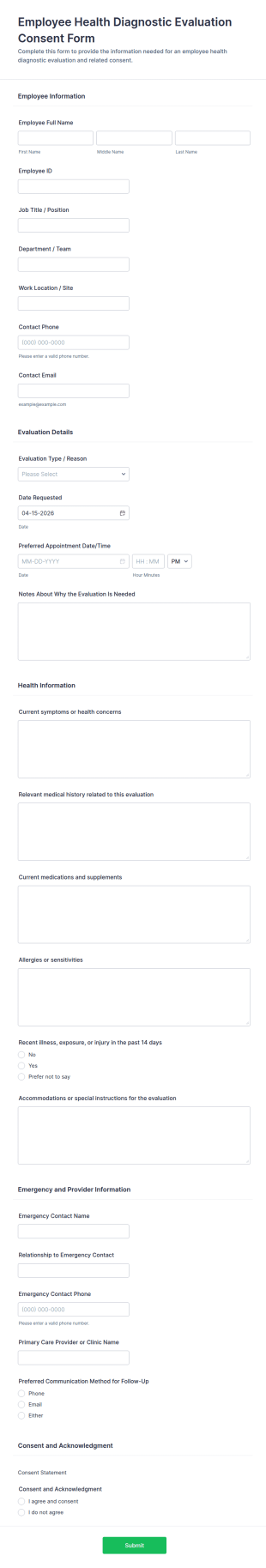 Employee Health Diagnostic Evaluation Consent Form Template