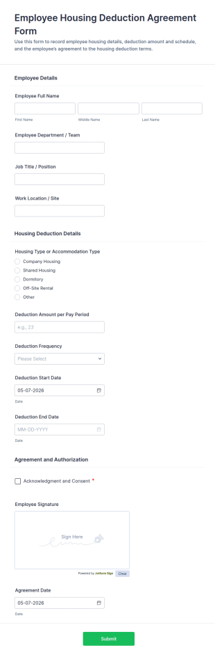 Employee Housing Deduction Agreement Form Template