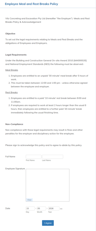 Employee Meal And Rest Breaks Policy Form Template