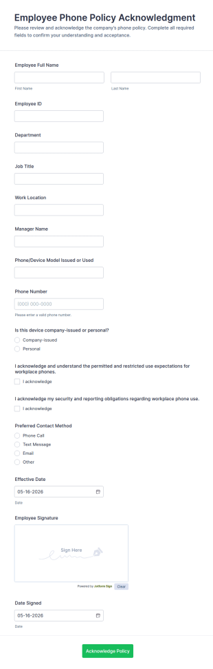 Employee Phone Policy Acknowledgment Form Template