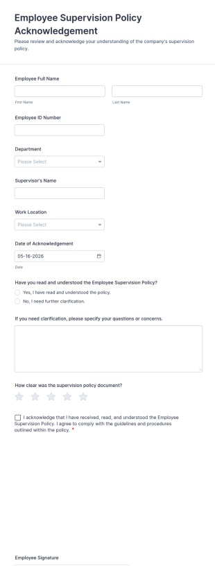 Employee Supervision Policy Acknowledgement Form Template
