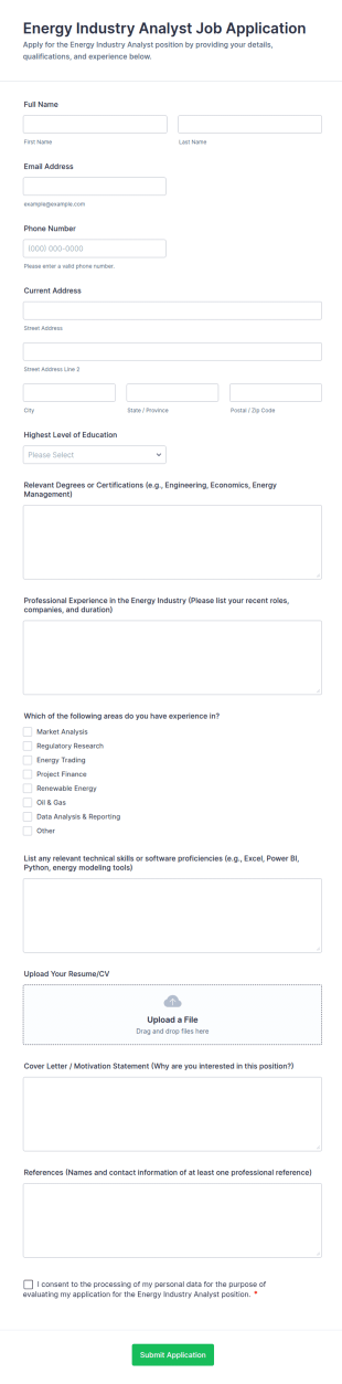 Energy Industry Analyst Job Application Form Template