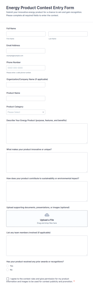 Energy Product Contest Entry Form Template