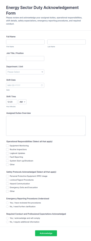 Energy Sector Duty Acknowledgement Form Template