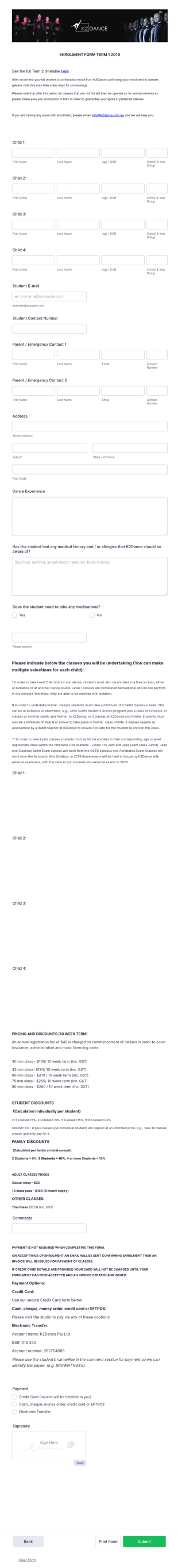 Dance School Enrollment Form Template