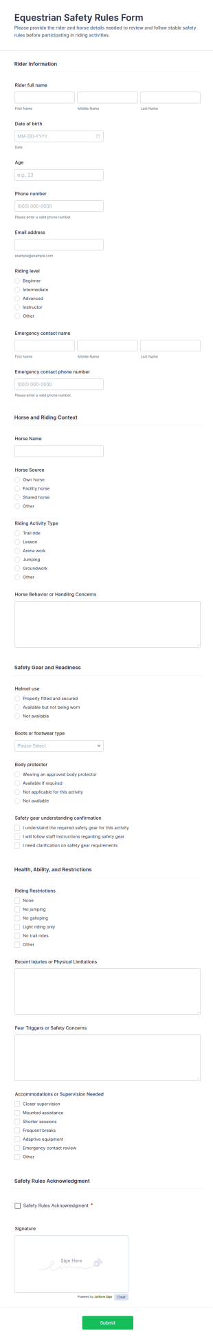 Equestrian Safety Rules Form Template