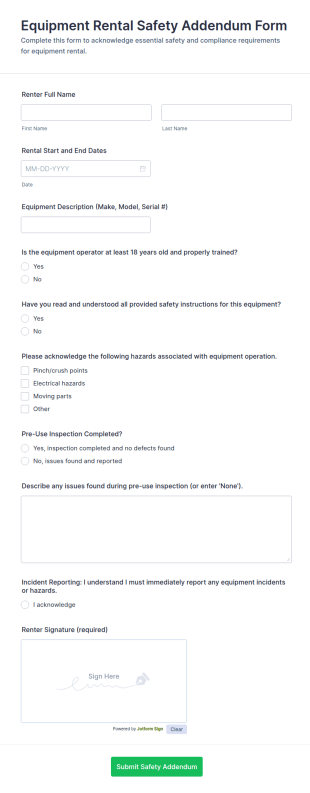 Equipment Rental Safety Addendum Form Template