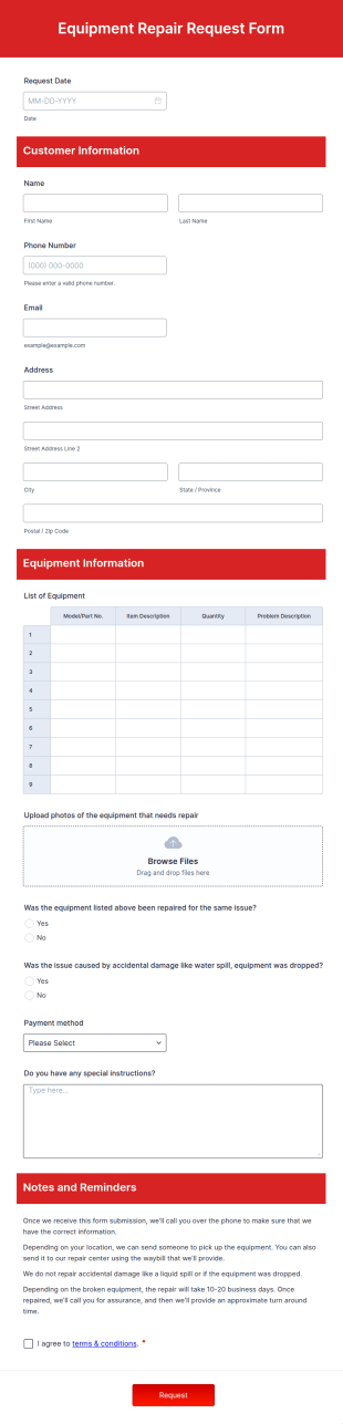 Equipment Repair Request Form Template