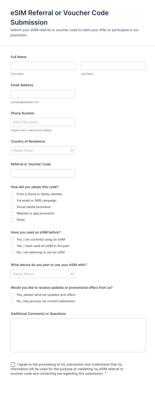 ESIM Referral Or Voucher Code Submission Form Template