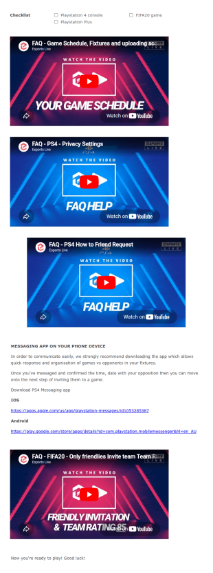 Esports Live FAQ PS4 FIFA20 Organising Games Form Template
