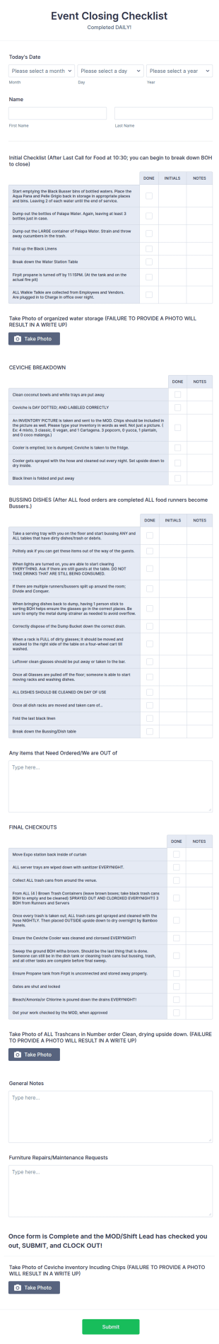 Event Closing Checklist Form Template
