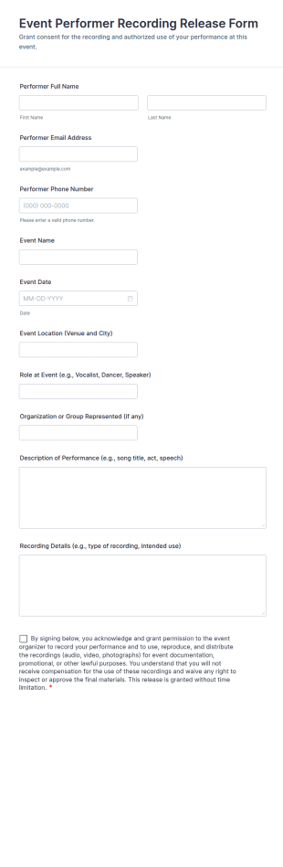 Event Performer Recording Release Form Template