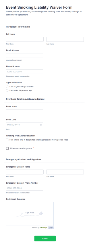 Event Smoking Liability Waiver Form Template