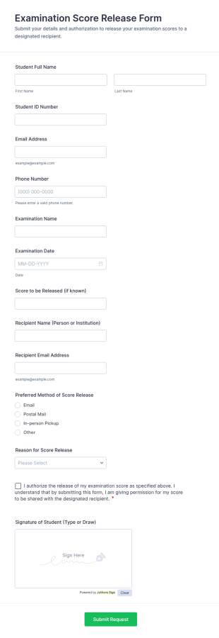 Examination Score Release Form Template