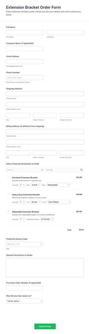 Extension Bracket Order Form Template