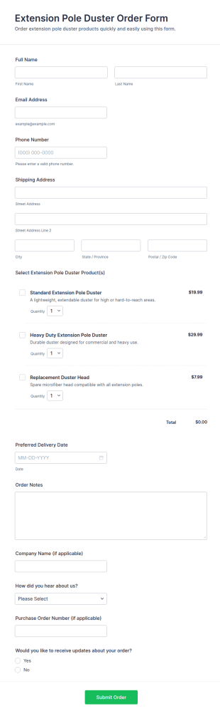 Extension Pole Duster Order Form Template