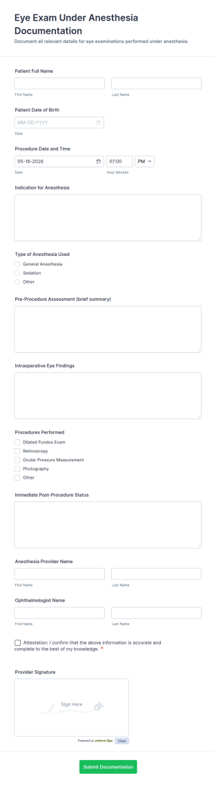 Eye Exam Under Anesthesia Documentation Form Template