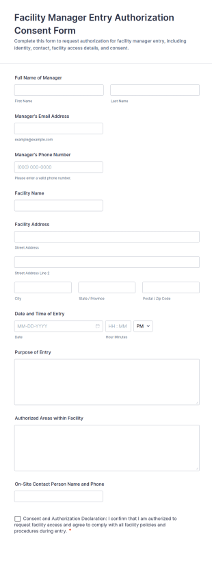 Facility Manager Entry Authorization Form Template