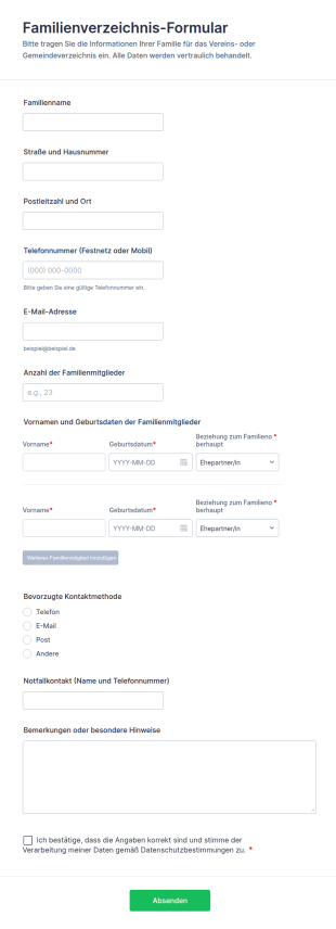 Familienverzeichnis Formular