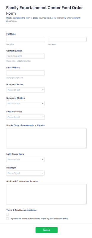 Family Entertainment Center Food Order Form Template