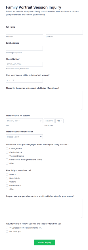 Family Portrait Session Inquiry Form Template