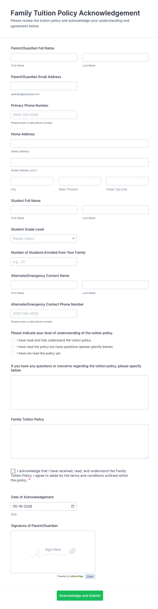 Family Tuition Policy Acknowledgement Form Template
