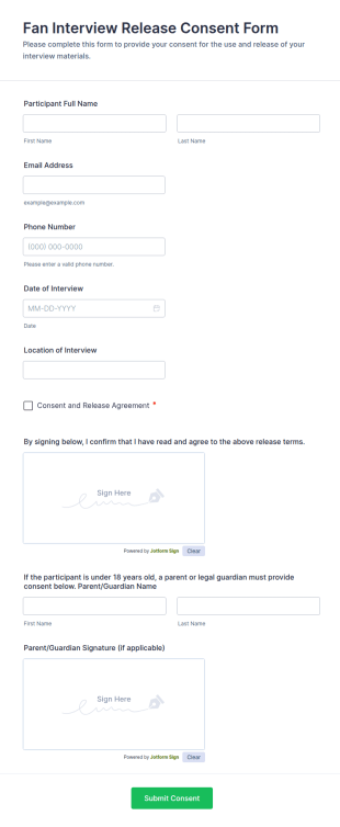 Fan Interview Release Consent Form Template