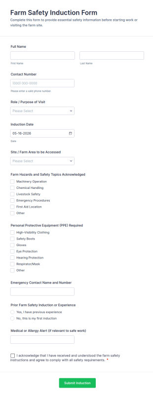 Farm Safety Induction Form Template