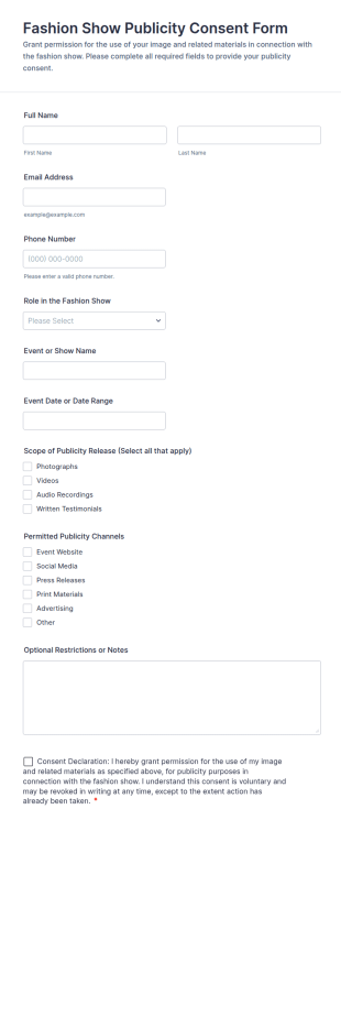 Fashion Show Publicity Consent Form Template
