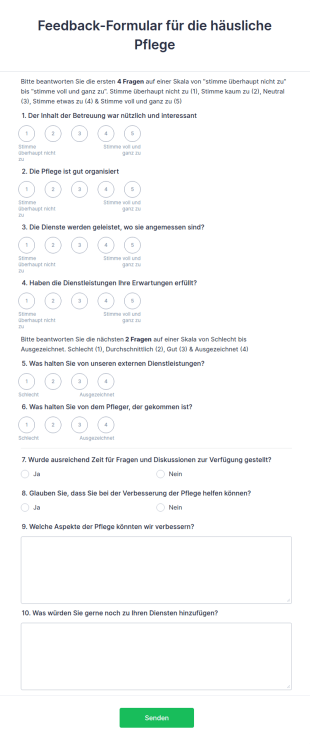 Feedback Formular F&uuml;r Die H&auml;usliche Pflege 
