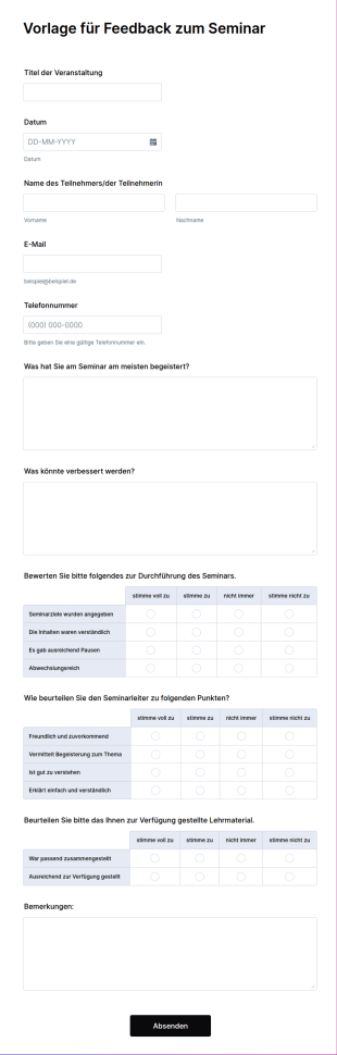 Vorlage F&uuml;r Feedback Zum Seminar