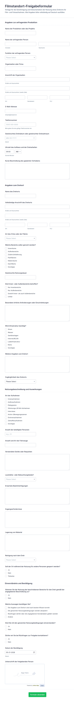 Filmlokationsfreigabeformular
