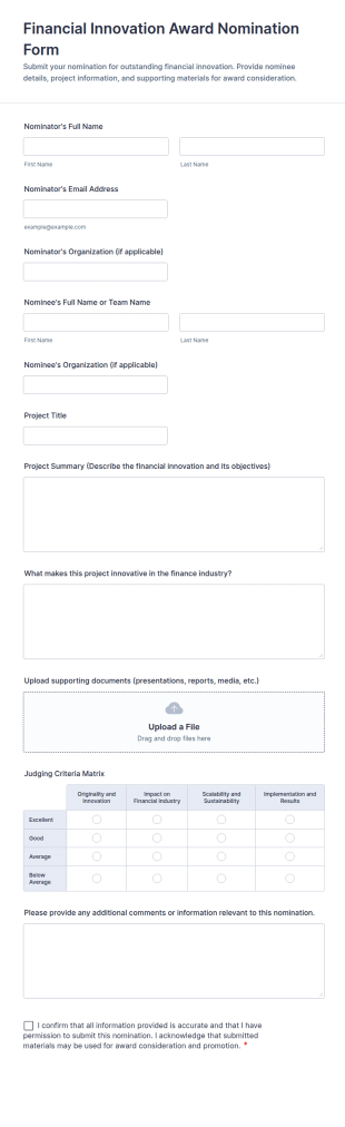Financial Innovation Award Nomination Form Template