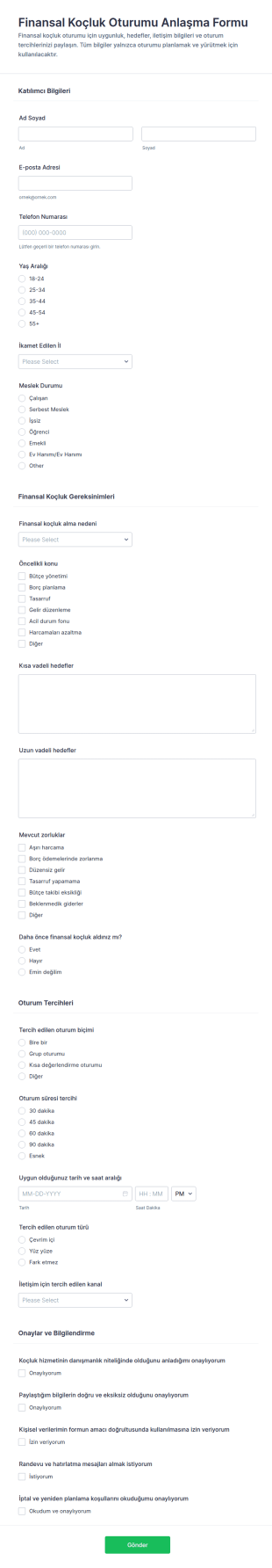 Finansal Koçluk Oturumu Anlaşma Form Şablonu