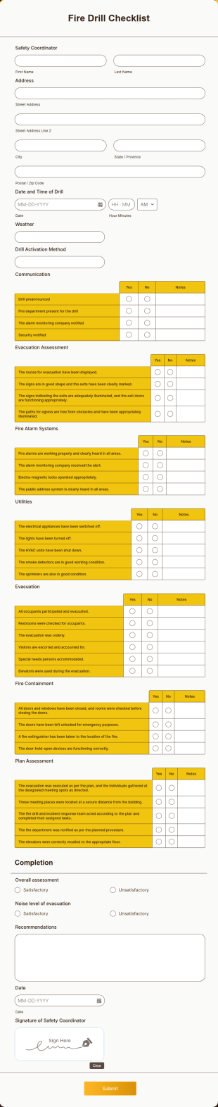 Fire Drill Checklist Form Template