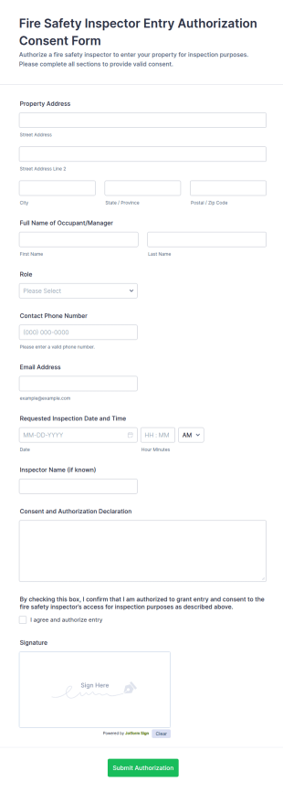 Fire Safety Inspector Entry Authorization Consent Form Template
