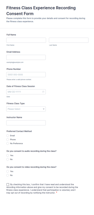 Fitness Class Experience Recording Consent Form Template