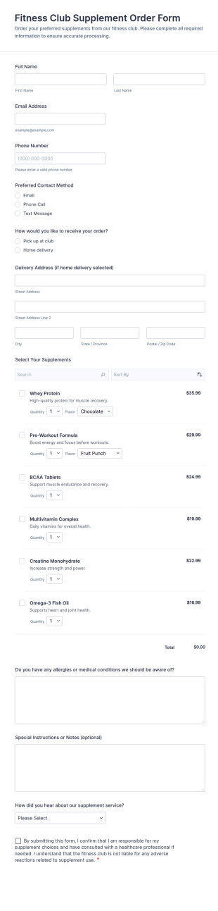 Fitness Club Supplement Order Form Template