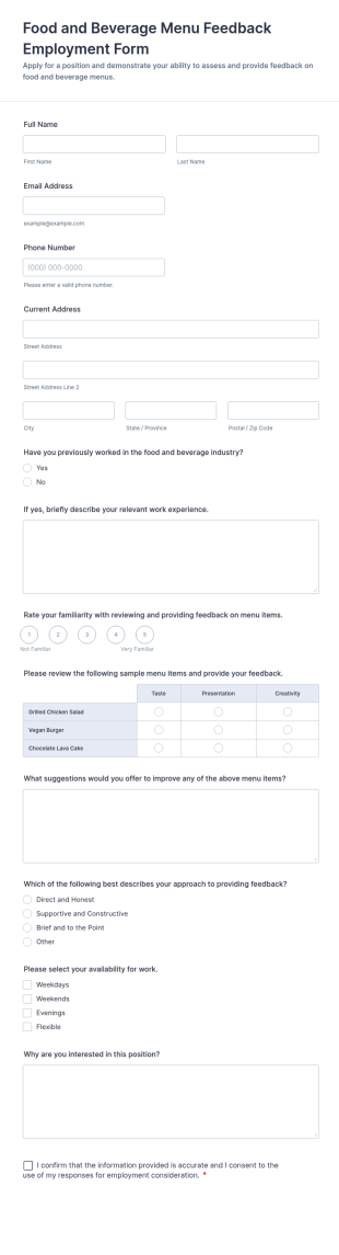 Food And Beverage Menu Feedback Employment Form Template