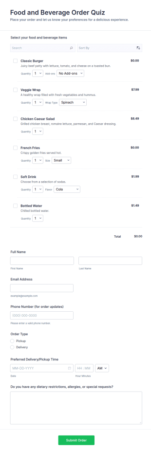Food And Beverage Order Quiz Form Template