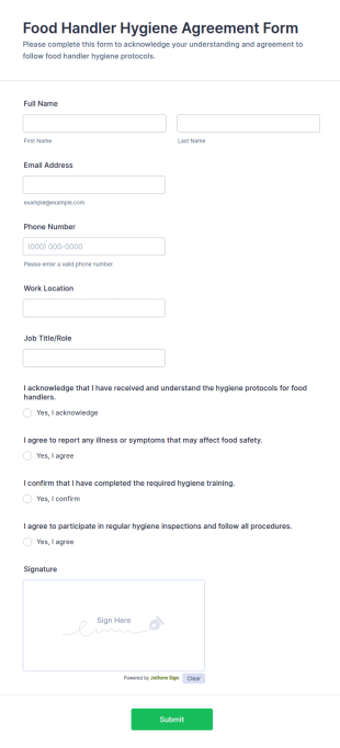 Food Handler Hygiene Agreement Form Template