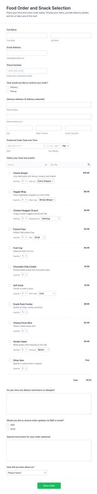 Food Order And Snack Selection Form Template