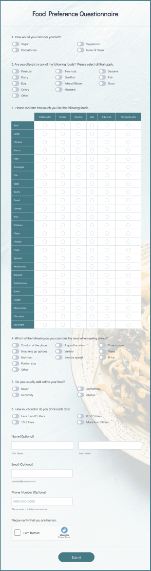 Food Preference Questionnaire Form Template