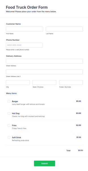Food Truck Order Form Template