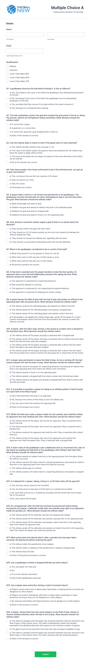 Football Referee Examination Form Template