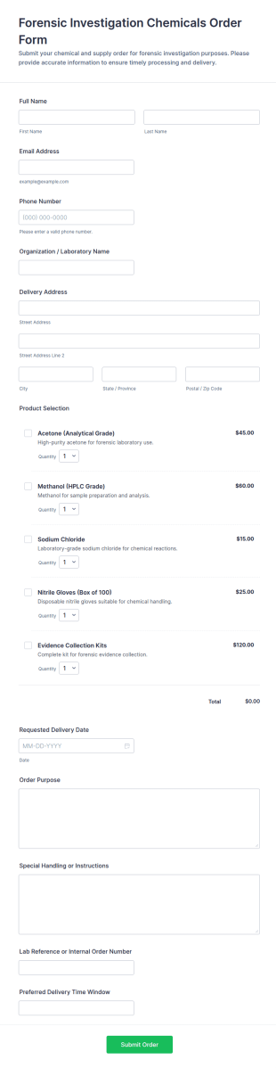 Forensic Investigation Chemicals Order Form Template