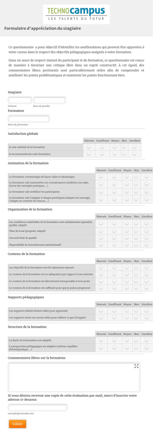 Formulaire D'Appr&eacute;ciation Du Stagiaire