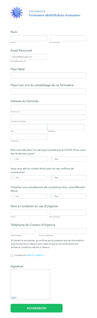 Formulaire D'Auto Evaluation Coronavirus
